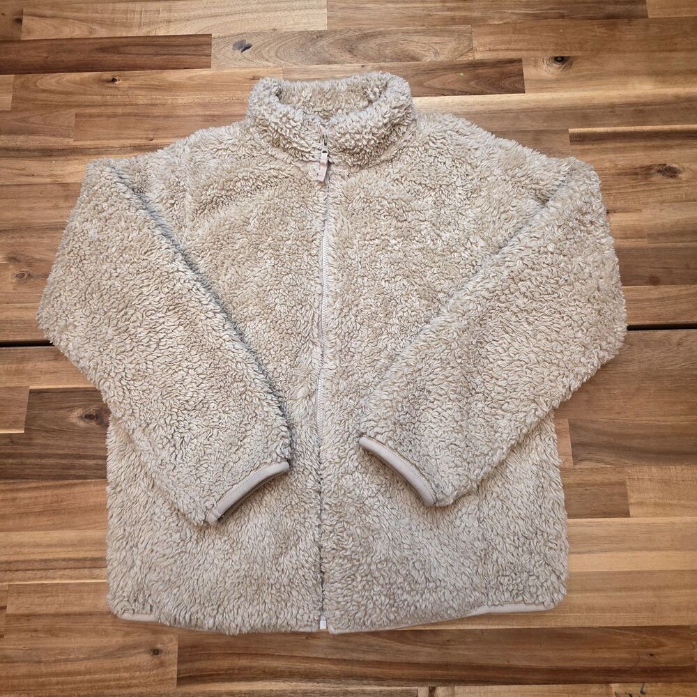 UNIQLO Kids 11-12 Beige Sherpa Fleece Full Zip Jacket Thumb Hole Cuffs